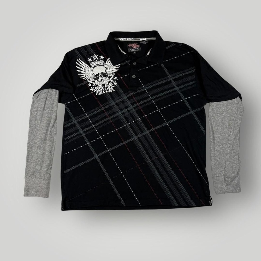 Y2K Point Zero Polo Shirt Mens XL‎ Black Skull Graphic Plaid Layered Long Sleeve